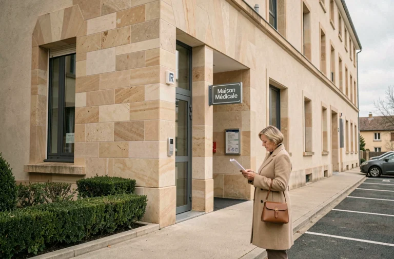 Femme devant l'entrée de la maison médicale de Montbrison consultant un guide pratique pour s'orienter