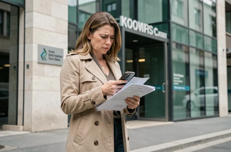 Femme confuse devant le centre Pia Orléans Tours consultant son téléphone avec des documents à la main