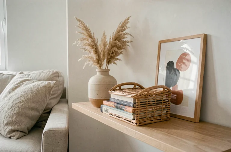 Coin salon décoré avec des accessoires tendance : vase en céramique, herbes de la pampa et panier en rotin sur une étagère en chêne clair