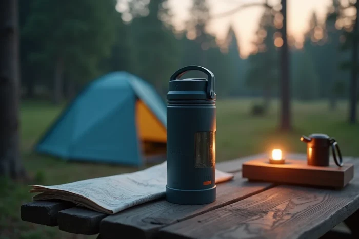 Accessoires pour gérer les envies d'uriner la nuit en camping : bouteille réutilisable et urinal de voyage posés sur une table de pique-nique