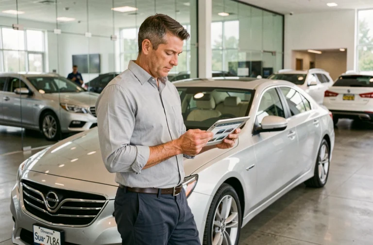 Homme consultant un site de vente de voitures neuves sur tablette dans une concession automobile moderne