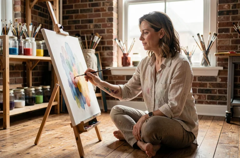 Femme adulte peignant à l'aquarelle dans un atelier artistique fait maison, activité créative de loisir