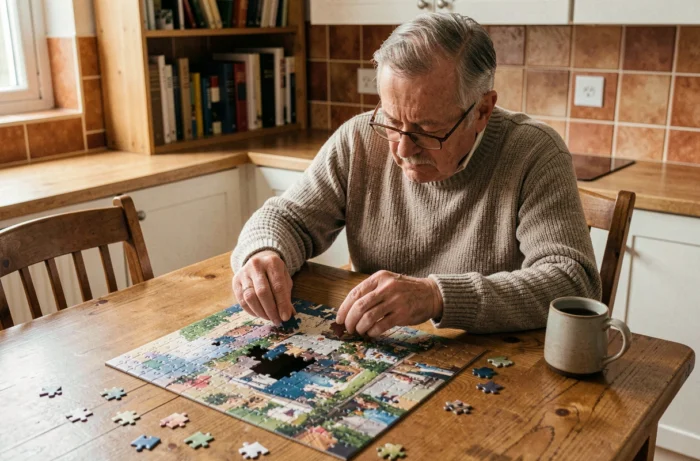 Homme senior assemblant un puzzle en bois à la maison, activité de loisir calme et stimulante pour les personnes âgées