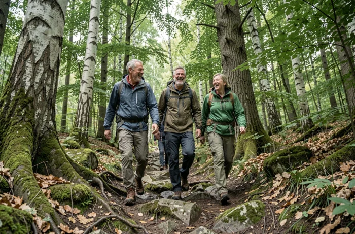 Groupe d'adultes en randonnée pédestre dans une forêt, activité de plein air et loisir nature pour tous les âges