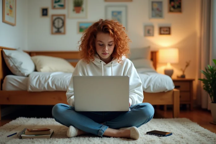 Une adolescente utilise un ordinateur portable et un smartphone dans sa chambre pour naviguer en ligne