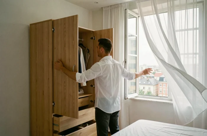 Homme aérant une armoire Ikea neuve en ouvrant les portes près d'une fenêtre pour dissiper les odeurs