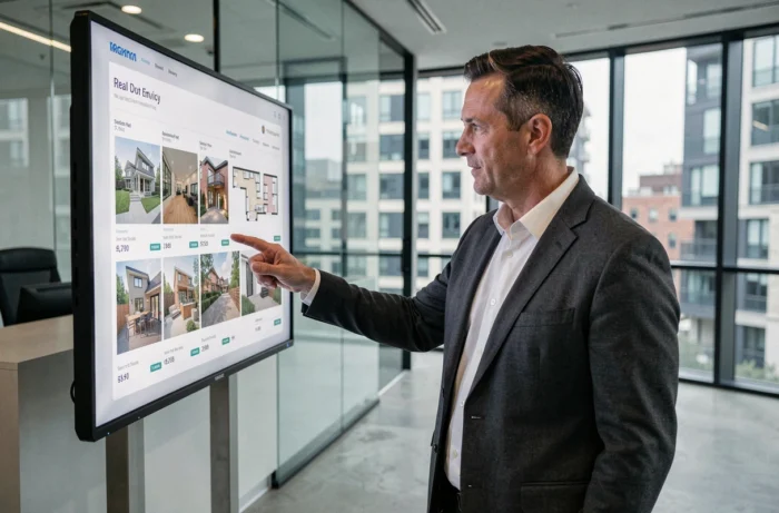 Agent immobilier présentant des annonces de biens sur un écran numérique dans une agence moderne