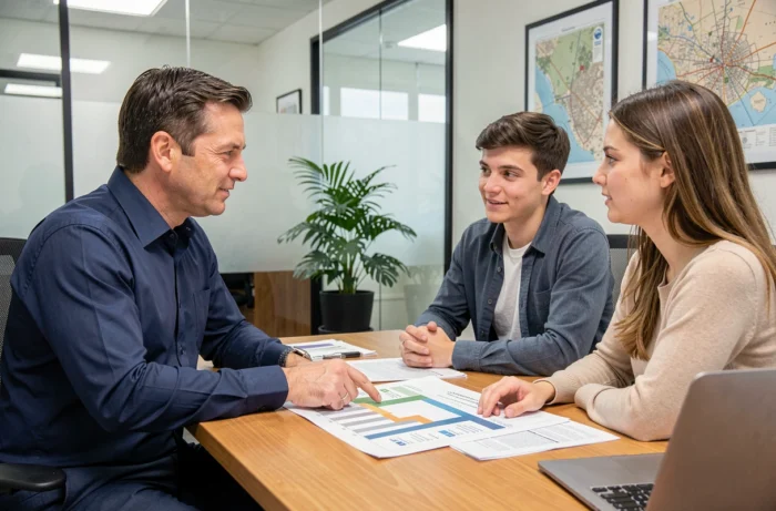 Agent immobilier expliquant un plan de financement à un jeune couple dans une agence immobilière professionnelle