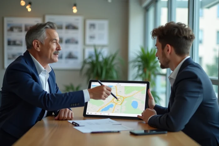 Agent immobilier expliquant la carte des zones tendues à un locataire dans une agence professionnelle
