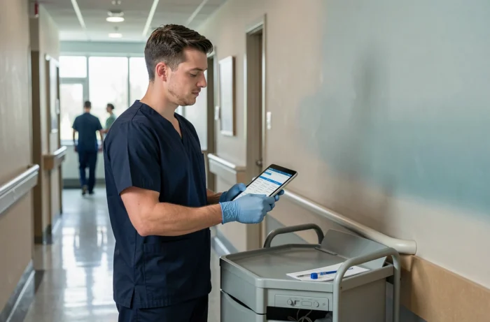 Aide-soignant consultant une tablette numérique avec une liste de compétences dans un couloir d'établissement de soins, en lien avec le référentiel 2026