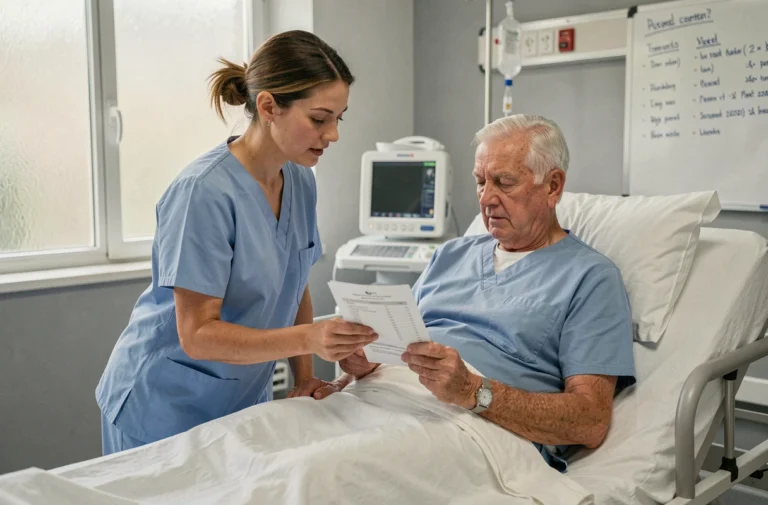 Aide-soignante accompagnant un patient âgé en chambre hospitalière avec un document de protocole de soins, illustrant le nouveau référentiel aide soignant 2026
