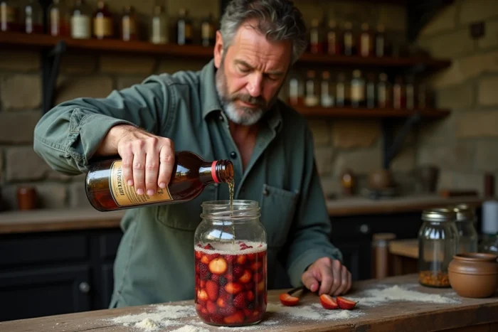 Homme versant de l'alcool pour fruits Leclerc dans des bocaux de conservation dans une cave française