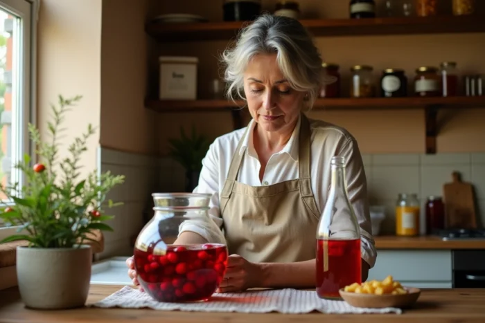 Femme examinant une bouteille d'alcool pour fruits Leclerc dans une cuisine française rustique