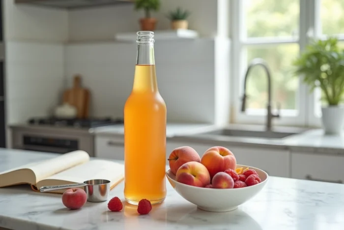 Bouteille d'alcool pour fruits Leclerc avec des fruits frais sur un plan de travail en marbre