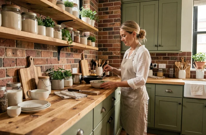 Femme aménageant une cuisine rustique avec des étagères en bois, des céramiques et des herbes fraîches pour une décoration maison authentique
