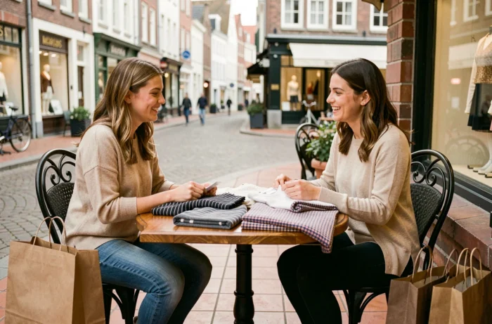 Deux amies belges examinant leurs achats de vêtements tendance autour d'un café en terrasse après une session shopping