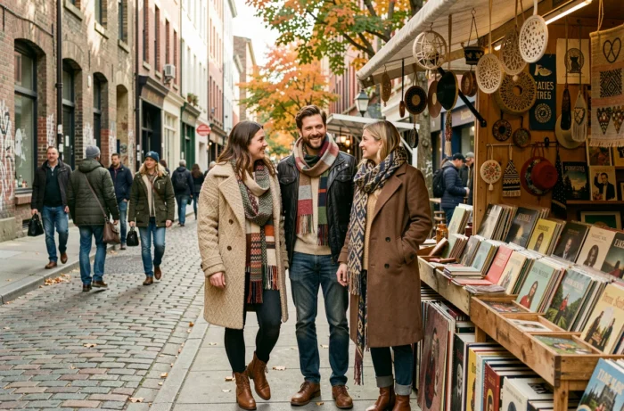 Groupe d'amis explorant un marché culturel urbain avec artisanat et disques vinyles lors des nouvelles actualités saisonnières