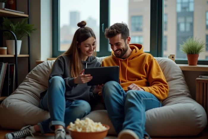 Deux amis regardant une série en streaming ensemble sur une tablette dans un appartement urbain