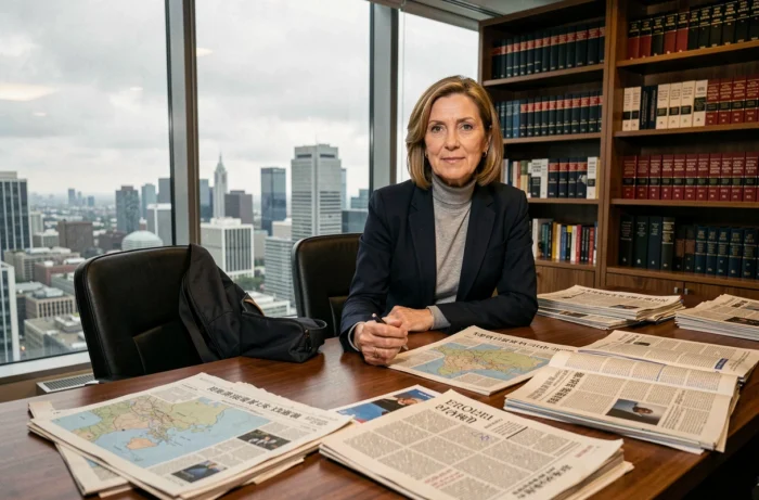 Analyste géopolitique féminine étudiant des documents internationaux dans une salle de presse moderne