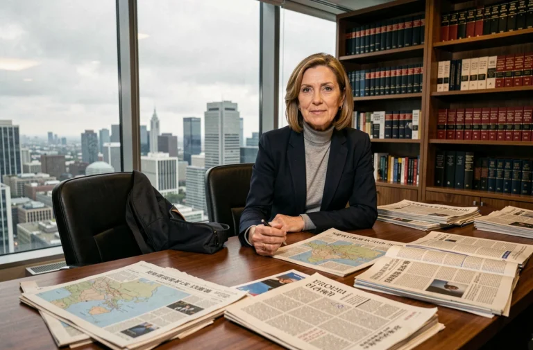 Analyste géopolitique féminine étudiant des documents internationaux dans une salle de presse moderne