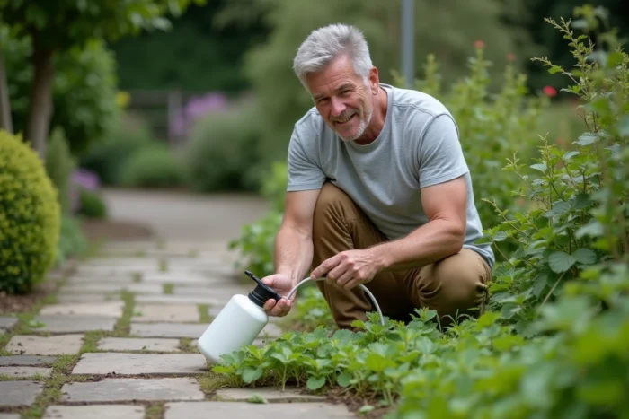 Homme appliquant un désherbant naturel maison sur du pourpier entre des dalles de pierre dans un jardin