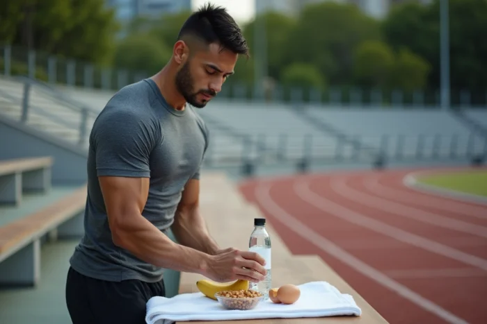 Athlète masculin organisant ses collations protéinées sur une piste d'athlétisme en plein air pour optimiser sa nutrition sportive