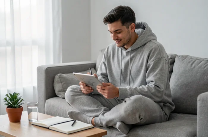 Auto-entrepreneur créatif dessinant des wireframes sur tablette depuis son appartement minimaliste en 2024