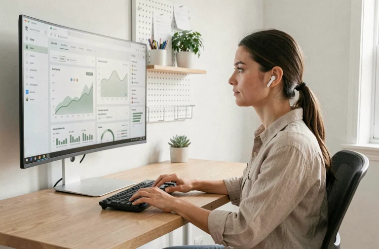 Auto-entrepreneuse du web travaillant sur des tableaux de bord analytics dans un bureau moderne à domicile en 2024