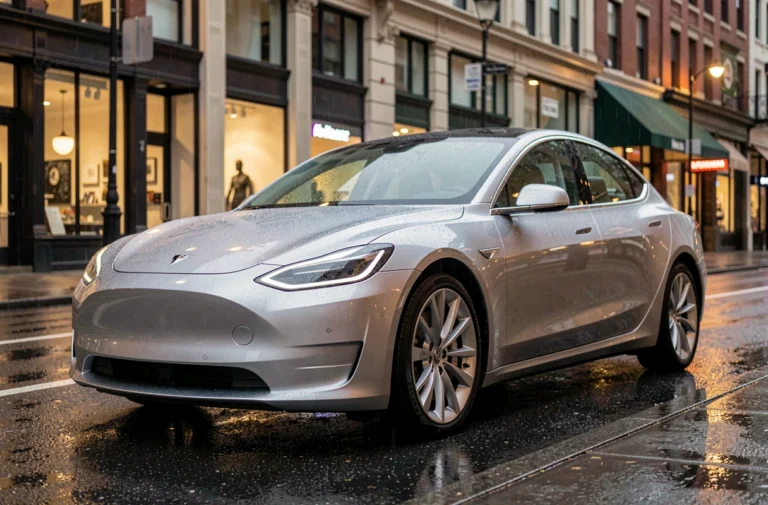 Berline électrique 2024 garée sur une rue urbaine mouillée, reflétant la ville sur la carrosserie argentée métallisée