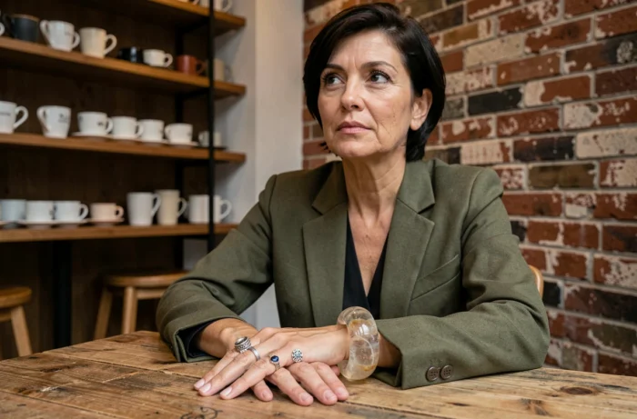 Femme portant des bagues fantaisie et un bracelet en résine dans un café urbain contemporain