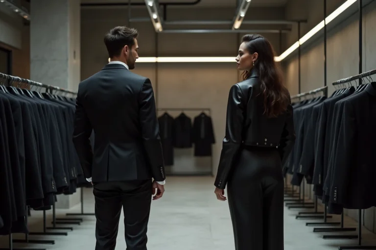 Couple élégant dans une boutique The Kooples au style industriel minimaliste, vêtements noirs structurés sur portant