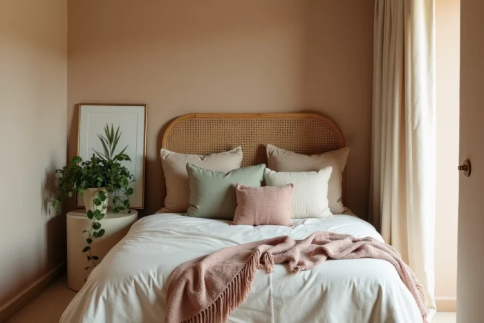 Chambre cocooning avec tête de lit en rotin, linge de lit en lin texturé et touches de couleurs douces pour une déco tendance et apaisante