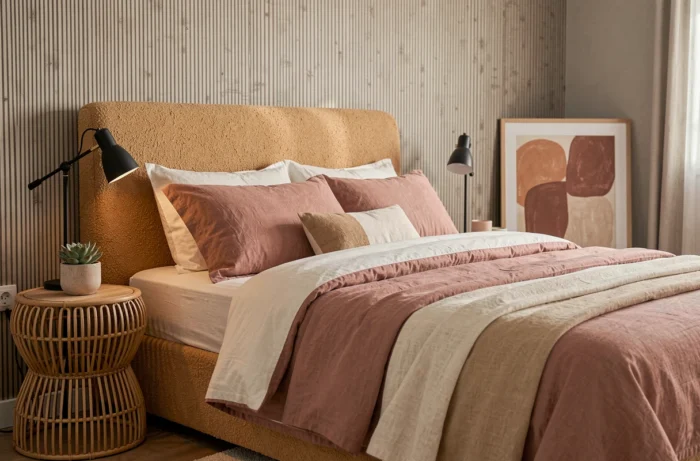Chambre contemporaine avec tête de lit en bouclé caramel, literie en lin et rose poudré, table de chevet en rotin et décoration tendance