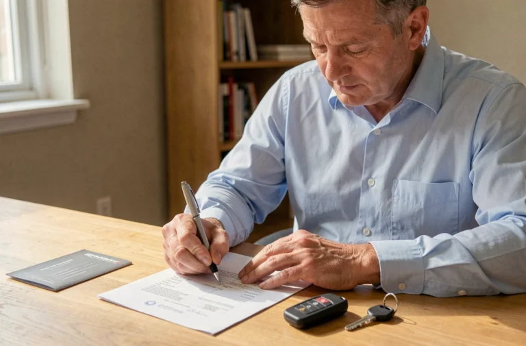 Un homme remplit un formulaire de changement de propriétaire de carte grise à son bureau avec des documents officiels et une clé de voiture