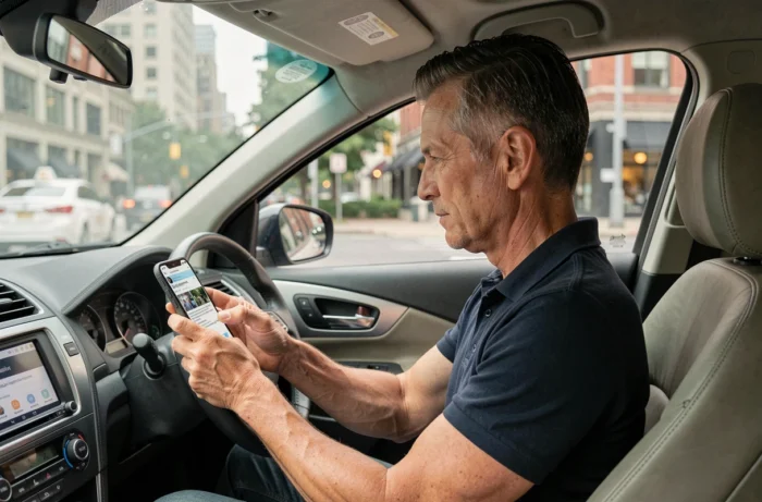 Chauffeur de taxi consultant les dernières actualités du secteur sur son smartphone dans son véhicule