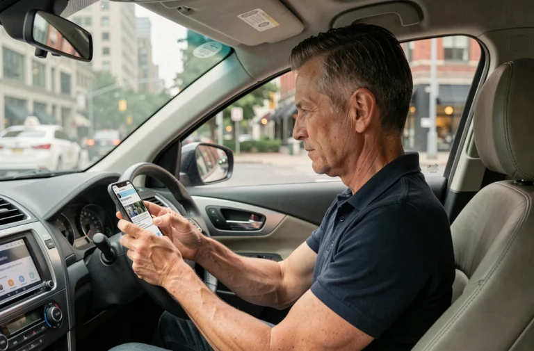 Chauffeur de taxi consultant les dernières actualités du secteur sur son smartphone dans son véhicule