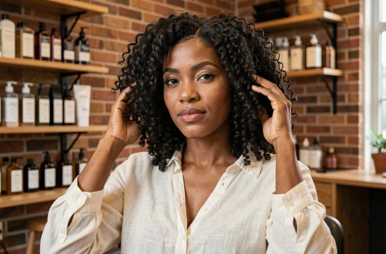 Femme aux cheveux bouclés et crépus naturels dans un salon de coiffure afro, illustrant les caractéristiques des cheveux frisés et crépus