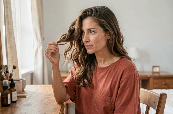 Femme aux cheveux ondulés châtains examinant sa mèche dans une chambre cosy, illustrant les caractéristiques des cheveux ondulés