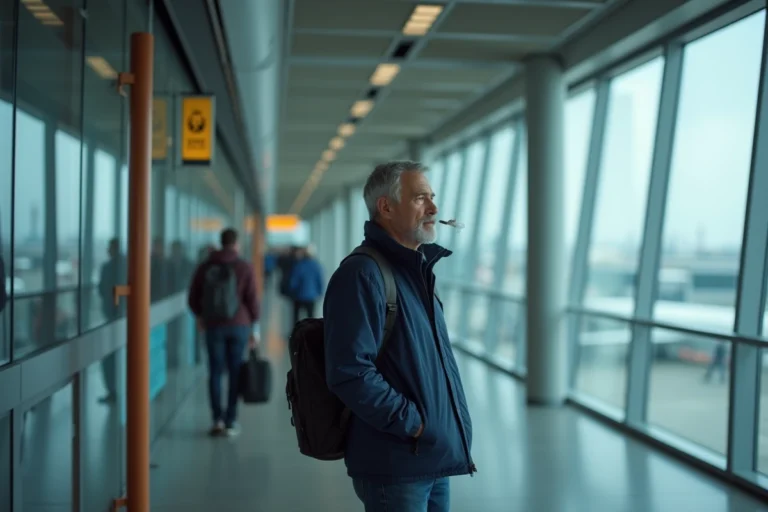 Voyageur adulte dans la zone fumeur d'un aéroport moderne après les contrôles de sécurité, près d'une paroi vitrée avec vue sur le tarmac