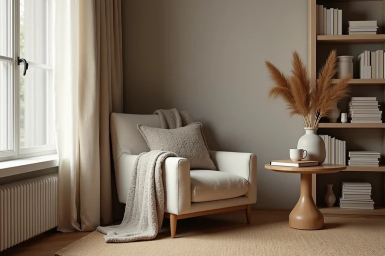 Coin salon cosy avec fauteuil en lin, plaid tricoté épais et décoration scandinave tendance pour une ambiance chaleureuse