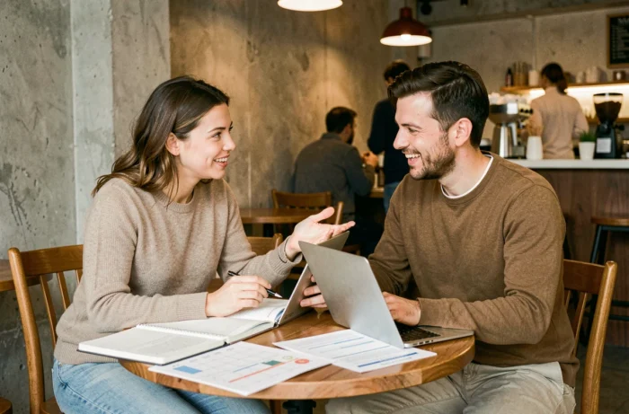 Deux blogueurs amateurs collaborant autour d'une table de café pour planifier leur stratégie de contenu
