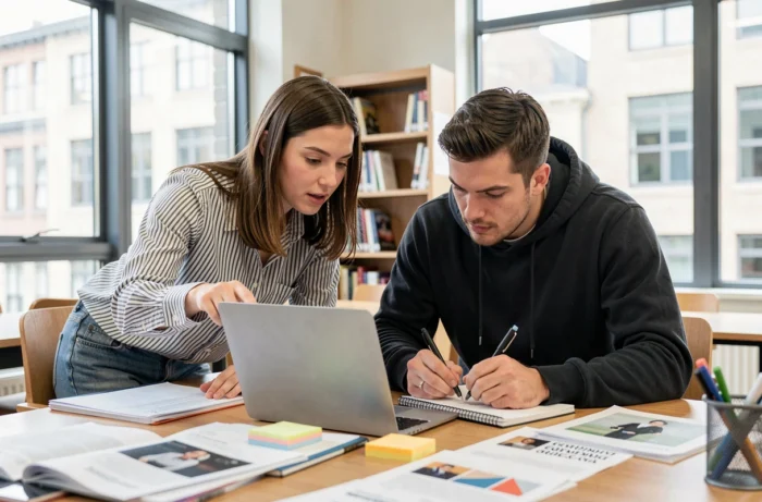 Deux jeunes adultes collaborant sur une formation en ligne dans une bibliothèque universitaire, l'un prenant des notes pendant que l'autre indique le contenu à l'écran