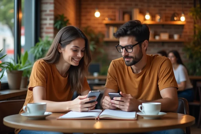 Deux jeunes collègues consultant un guide et des astuces sur une plateforme numérique dans un café urbain chaleureux