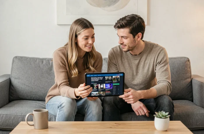 Deux collègues discutant des dernières actualités et tendances du web sur une tablette dans un studio médiatique contemporain