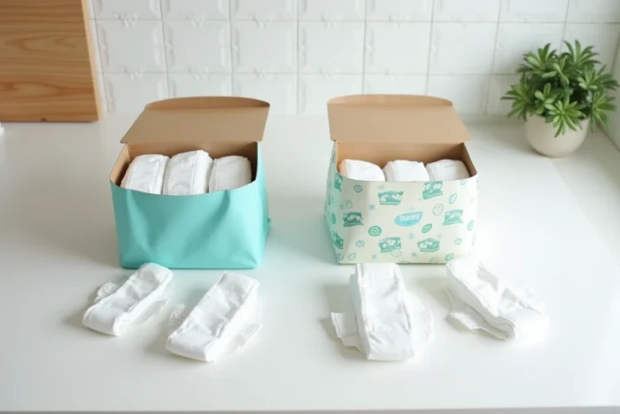 Comparaison à plat de couches Pampers et d'une sous-marque générique posées sur un comptoir en bois blanc style scandinave