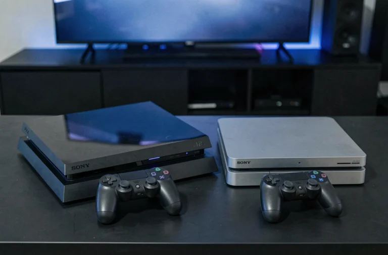 Comparaison visuelle entre la PS4 classique et la PS4 Slim posées côte à côte sur un bureau noir avec leurs manettes DualShock 4