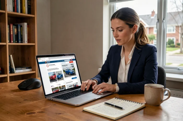 Femme comparant des annonces de voitures neuves sur deux sites automobiles depuis son bureau à domicile