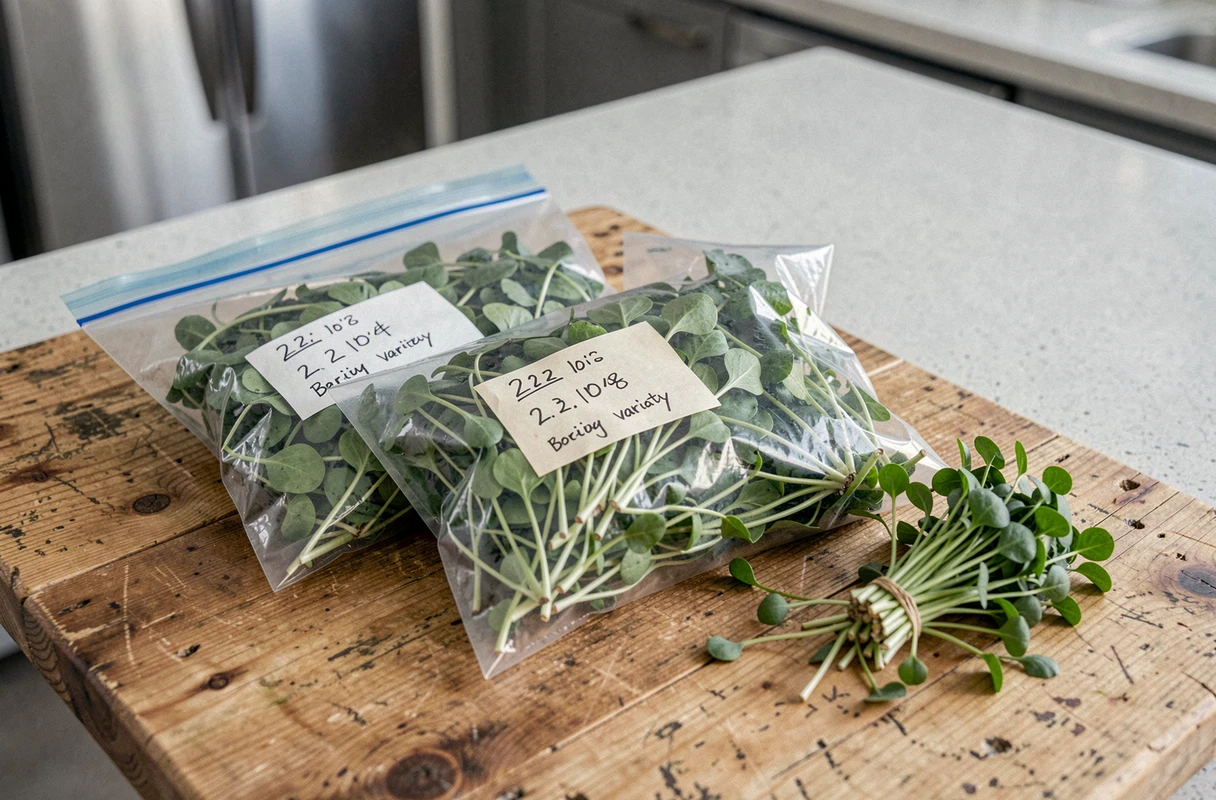 Portions de pourpier mises en sachet congélation étiquetés sur un plan de travail de cuisine