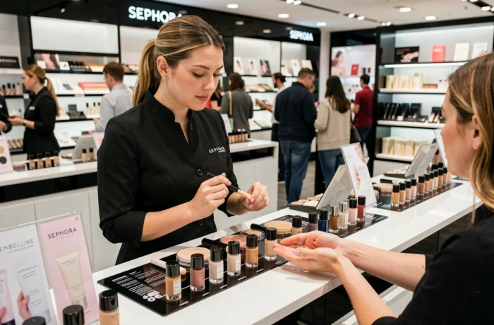 Conseillère beauté Sephora appliquant un fond de teint Maybelline sur la main d'une cliente au comptoir de maquillage
