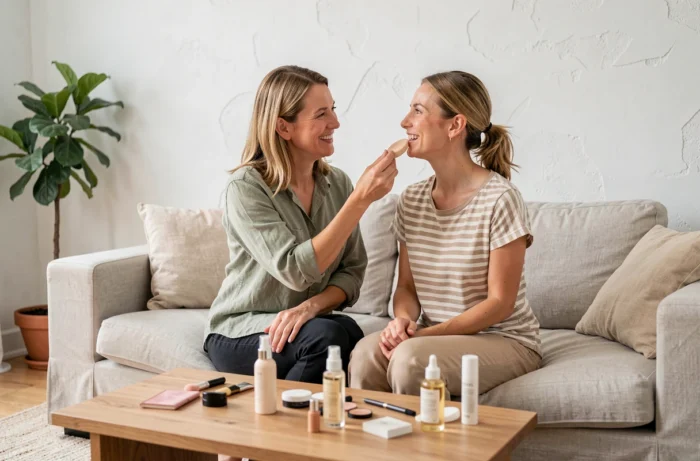 Deux femmes partageant des conseils maquillage en appliquant du fond de teint ensemble dans un salon moderne